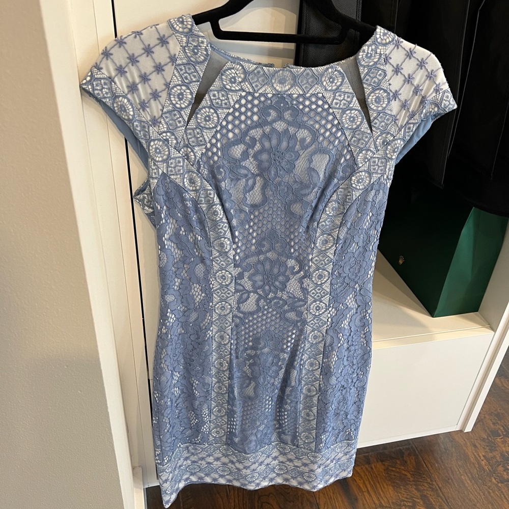 White lace and blue dress